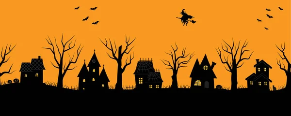 ハロウィンハウス 気味の悪い村だ 国境はシームレスだ オレンジの背景に家や木の黒いシルエット 写真にはバット カボチャ ブロムスティックの魔女もいます ベクトル — ストックベクタ