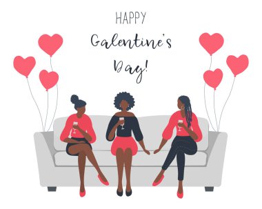 Galentines günü. Pijama partisi. Üç genç siyah kadın kanepede oturuyor ve şarap içiyorlar. Kalp şeklinde balonlar da var. Vektör illüstrasyonu