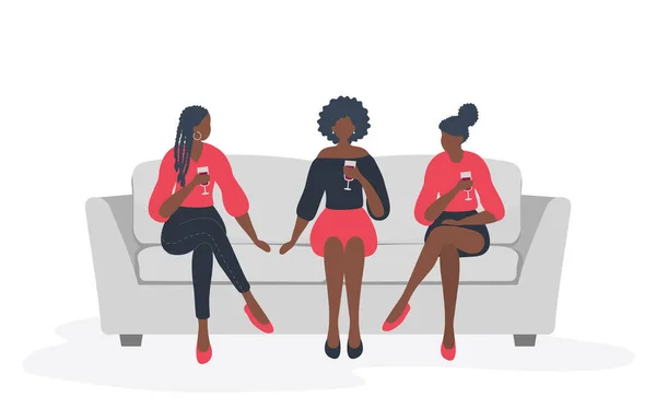 Jovens Negras Estão Sentadas Sofá Beber Vinho Festa Treta Ilustração —  Vetores de Stock