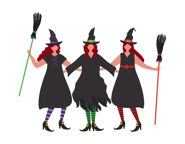 Boszorkányok Ölelnek Halloween Buli Fiatal Nők Boszorkányjelmezben Emberek Halloweent Ünneplik — Stock Vector
