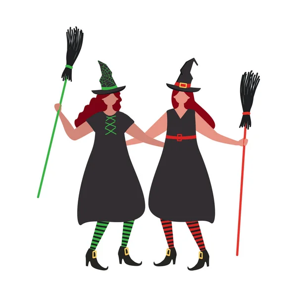 Abrazo Brujas Fiesta Halloween Dos Mujeres Jóvenes Disfrazadas Brujas Gente — Vector de stock