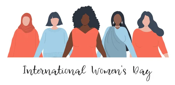 Diverse Groepen Vrouwen Staan Achter Elkaar International Women Day Concept — Stockvector