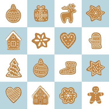 Christmas Cookies Square Pattern. Seamless Geometric Checkered Print with Gingerbread Cookies. Gingerbread House, Deer, Glove, Gingerbread Man, Sock. Christmas Holiday Chess Background. Vector image