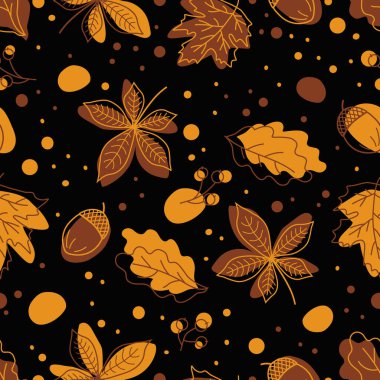 Kusursuz Şablon. Sonbahar Arkaplanı. Sonbahar Yaprakları, Böğürtlenler, Meşe palamutları. Akçaağaç, Meşe, Kestane Yaprakları. Sonbahar Yazdır. Moda tarzı. Sarı Vektör İllüstrasyonu, Siyah Üzerine Kahverengi.