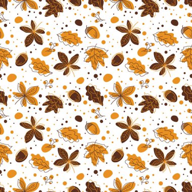 Kusursuz Şablon. Sonbahar Arkaplanı. Sonbahar Yaprakları, Böğürtlenler, Meşe palamutları. Akçaağaç, Meşe, Kestane Yaprakları. Sonbahar Yazdır. Moda tarzı. Sarı Vektör İllüstrasyonu, Beyaz Üzerine Kahverengi.