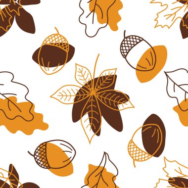 Sonbahar Soyut Kusursuz Düzen. Arka planda kal. Sonbahar Yaprakları, Böğürtlenler, Meşe palamutları. Akçaağaç, Meşe, Kestane Yaprakları. Sonbahar Yazdır. Moda tarzı. Sarı Vektör İllüstrasyonu, Beyaz Üzerine Kahverengi