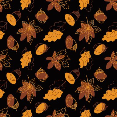 Sonbahar Soyut Kusursuz Düzen. Arka planda kal. Sonbahar Yaprakları, Böğürtlenler, Meşe palamutları. Akçaağaç, Meşe, Kestane Yaprakları. Sonbahar Yazdır. Moda tarzı. Sarı Vektör İllüstrasyonu, Siyah Üzerine Kahverengi.