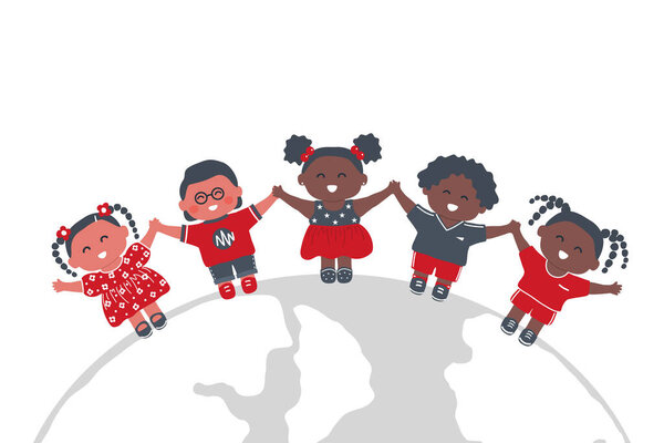 Дети стоят на глобусе. Разнообразная группа детей, держащихся за руки. Счастливые Девочки и Малыши. Векторная иллюстрация в Red, Black, Gray, White