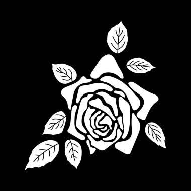 Rose Silhouette. Stencil. Siyah Arkaplanda Yaprakları Olan Güzel Çiçek. Beyaz Gül Silueti. Poster. Simge. Logo. Siyah ve Beyaz. El Çizimi Vektör illüstrasyonu