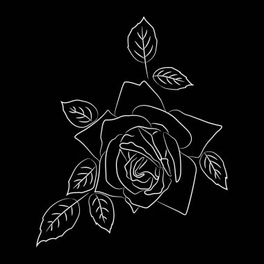 Kara Arkaplanda Yaprakları Olan Gül Çiçeği. Beyaz Gül Silueti. Poster. Simge. Logo. Siyah ve Beyaz. El Çizimi Vektör illüstrasyonu