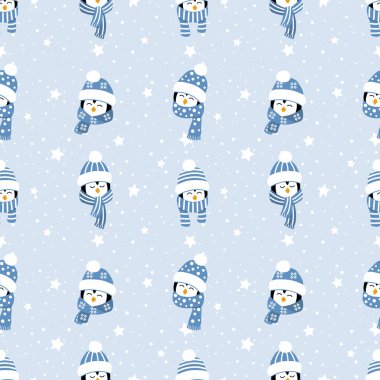 Christmas Background. Seamless Pattern with Cute Penguins Heads, Stars, Snow. Vector illustration in Blue, White on Light Blue Background