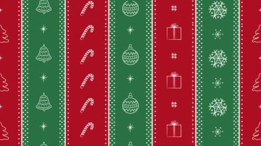 Noel animasyonu. Noel süslemeli Noel çizgili desen, firavun ağacı, hediye kutusu, şeker, kar taneleri. Döngü Arkaplanı. Süs. Pankart. Kırmızı, Yeşil, Beyaz