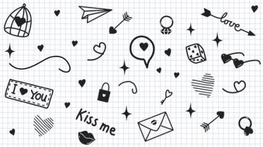 Sevgililer Günü animasyonunuz kutlu olsun. Animasyon Sevgililer Günü elementleri. Hücre Arkaplanındaki Siyah Semboller. Tatil Afişi