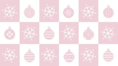 Noel Geometrik Kare Şablonu. Kış Elementleriyle Animasyon. Soyut Taşıma Döngüsü Arkaplanı. Pankart. Noel süsleri, kar taneleri. Pembe, Beyaz Görüntü