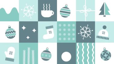 Kış Geometrik Kare Düzeni. Kış Elementleriyle Animasyon. Noel Soyut Taşınma Arkaplanı. Pankart. Noel Balosu, Kar Tanesi, Şapka, Eldiven, Çorap, Kardan Adam, Kupa. Mavi, Gri, Beyaz Görüntü