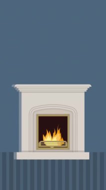 Noel animasyonu. Şöminede Yanan Yangın. Noel süslemeleriyle süslenmiş şömine. Animasyon Metni Mutlu Tatiller. Kırmızı, Beyaz ve Mavi.