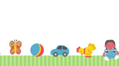 Oyuncaklar Animasyonu. Çocuk Oyuncakları Taşımak. Döngü Arkaplanı. Araba, Bebek, Top, Kelebek, Tavuk. Küçük Çocuklar için oyuncaklar. Kırmızı, Mavi, Sarı, Yeşil, Beyaz