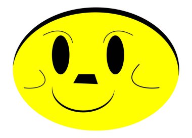 Parlak sarı gülen yüz, siyah oval gözler küçük siyah kare bir burun ve beyaz arka planda izole edilmiş geniş bir gülen ağız.