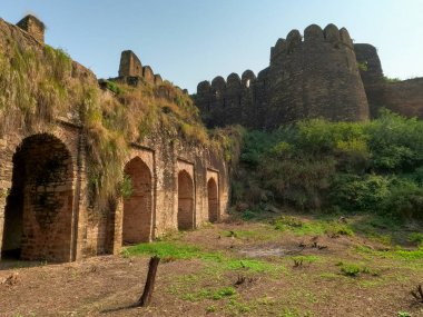 Rohtas Kalesi 'ndeki eski askeri kışladan geçen Talaqi Kapısı ve taş patika manzarası