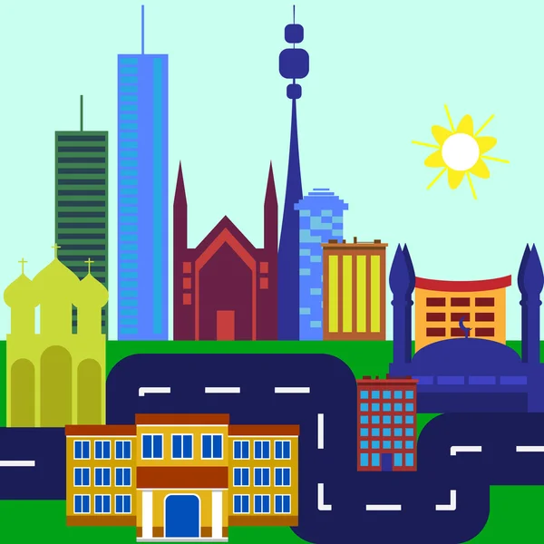 Şehir. Düz tasarım. yol, binalar.