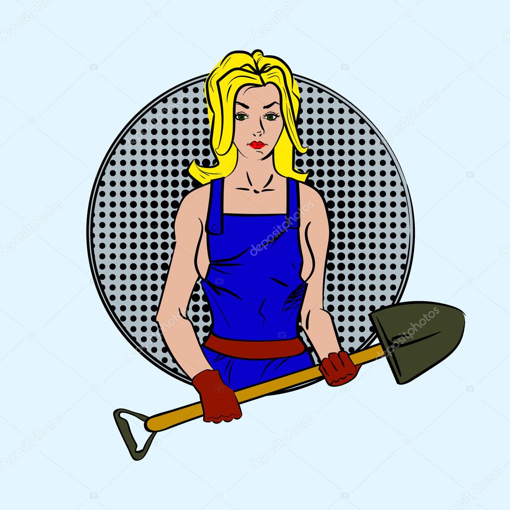 Sexy girl in the style of pin-up with a shovel in his hands. Blonde in denim overalls over his naked body.