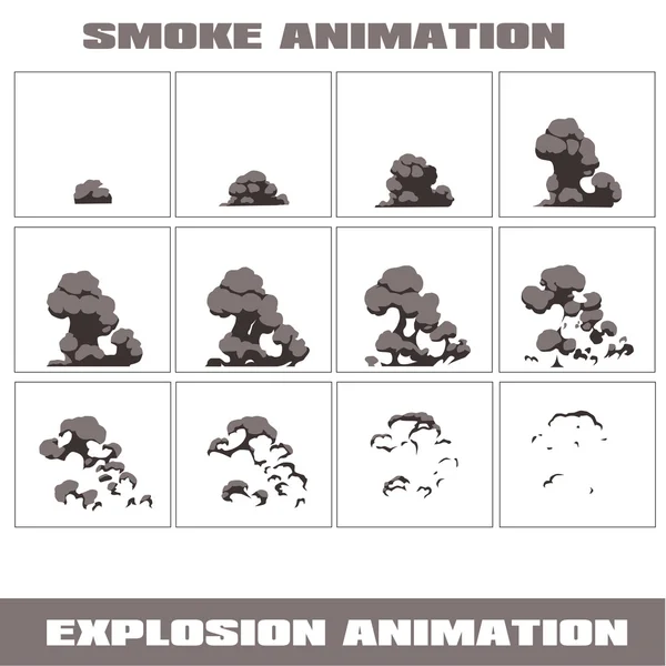 Explosion, dessin animé explosion images d'animation pour le jeu. Feuille de Sprite sur fond sombre. Animation fumée — Image vectorielle