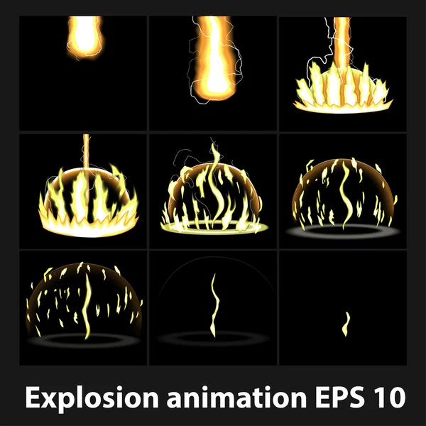Explosión, marcos de animación explosión de dibujos animados para el juego. Hoja Sprite sobre fondo oscuro — Vector de stock