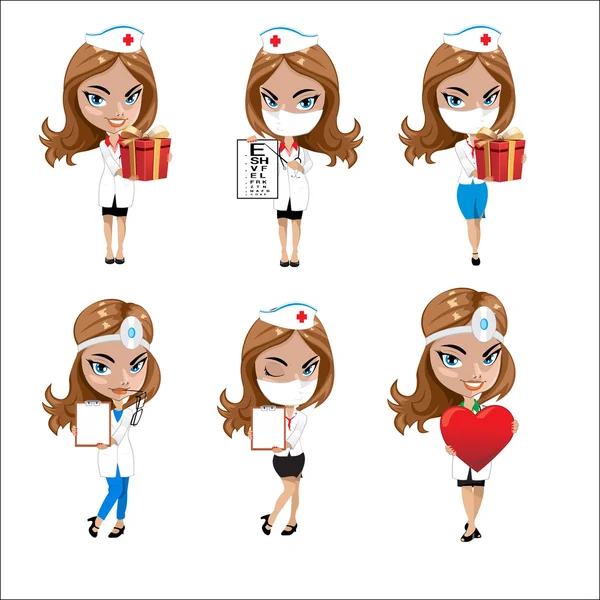 医生的女孩在各种姿势、 女医生、 护士、 卫生工作者与不同的对象集 — 图库矢量图片