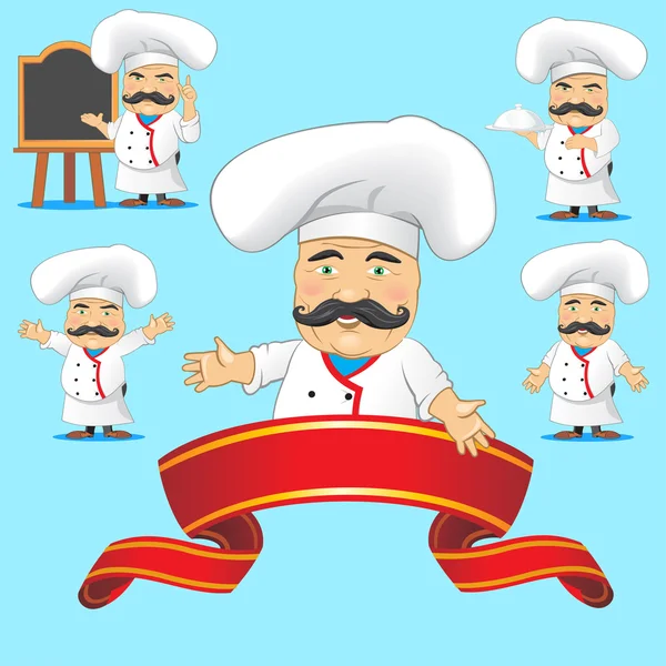 Ensemble de cuisiniers dans différentes poses, avec des objets pour la publicité et l'animation — Image vectorielle