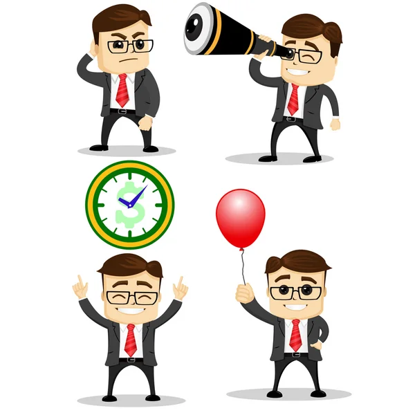 Conjunto de personagens bonitos empresário e escritório trabalhador poses. Vector. Personagem de gerente. Balão vermelho. Relógio . —  Vetores de Stock