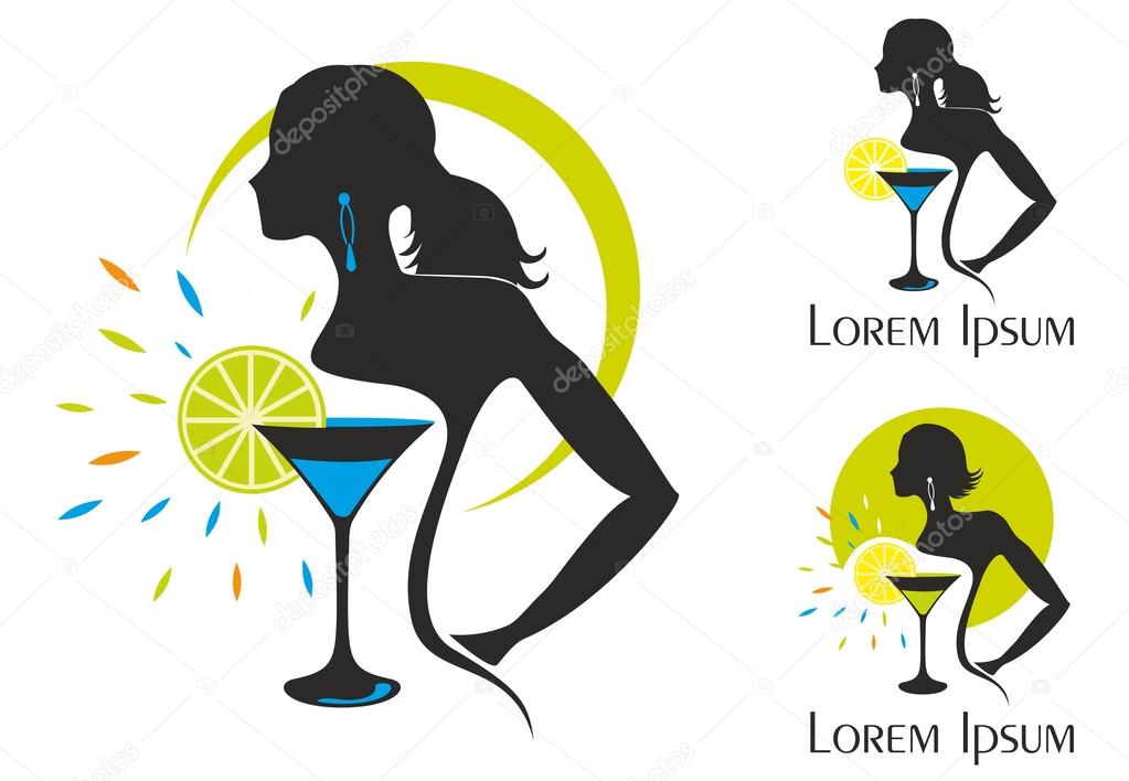 Illustration of pretty woman's silhouettes with a cocktail in a glass and a lime on white background. Night club party theme.