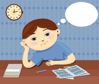 A pensive boy sitting by the table doesn't want to do boring homework and thinks about something. clipart