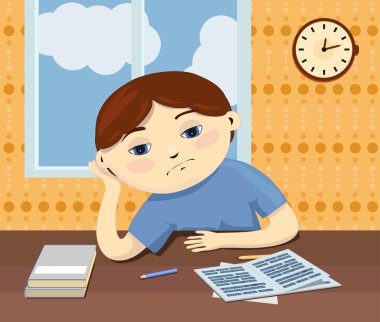 A sad kid sits by the table and dreams about something. A lazy pensive pupil with boring lessons. clipart