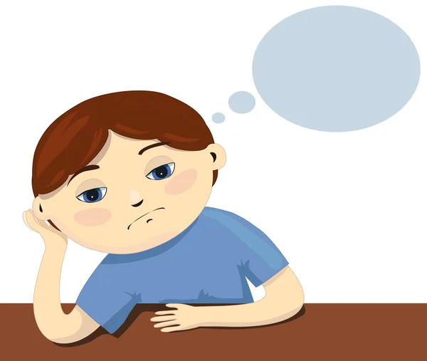 A sad child sitting by the table on white background. A pensive pupil and boring lessons. — Stock Vector