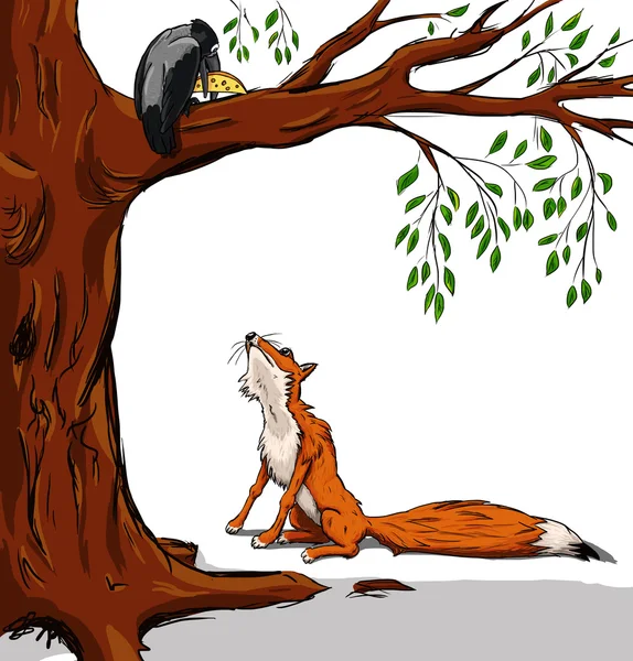 Ilustración de cuervo con el queso y el zorro. Dibujos animados de una fábula sobre fondo blanco —  Fotos de Stock