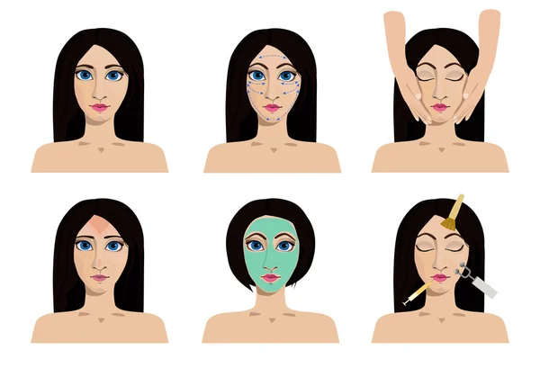 Un conjunto vectorial de iconos de cosmetología. Procedimientos médicos para la belleza y la atención médica. Mujer con problemas y piel sana en la cara . — Vector de stock