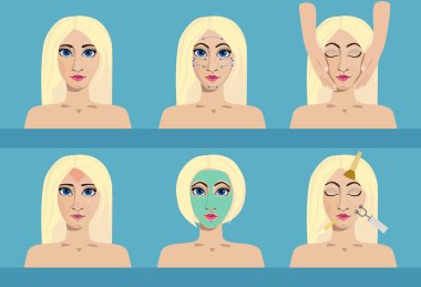 Kozmetik simgeler vektör kümesi. Sağlık ve güzellik için tıbbi kozmetik prosedürler. Sorun ve sağlıklı cilt yüz kadın ile.