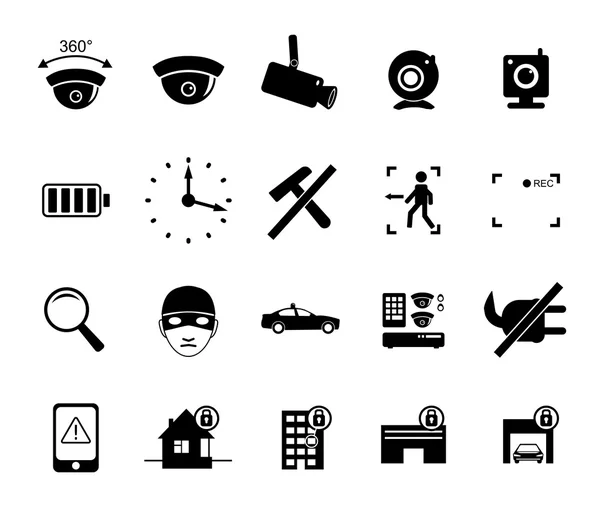 Ensemble vectoriel d'icônes de systèmes de vidéosurveillance et de sécurité. Illustration des pictogrammes de protection en noir et blanc . — Image vectorielle