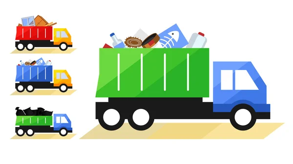 Illustration vectorielle du camion à ordures. Camion isolé avec divers types de déchets sur fond blanc . — Image vectorielle