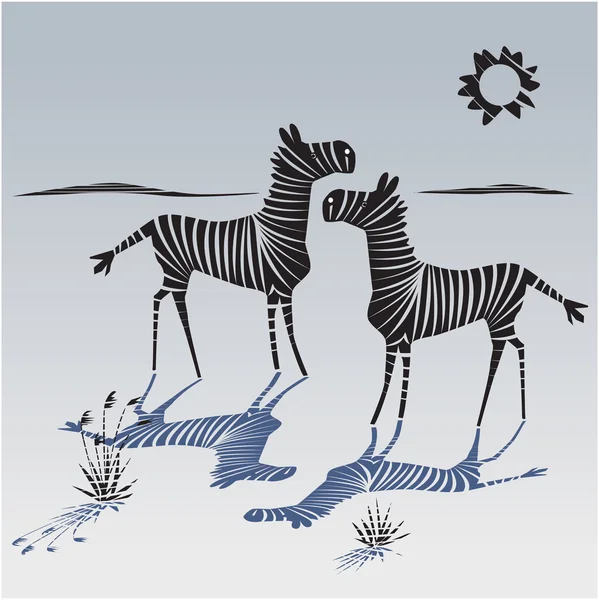 Ilustración vectorial de un par de cebras con sombras rayadas. Arte gráfico en blanco y negro de los animales . — Vector de stock