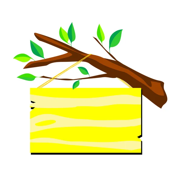 Векторная табличка с именем на ветке дерева. Изолированная иллюстрация желтой вывески для ввода текста на белом фоне . — стоковый вектор