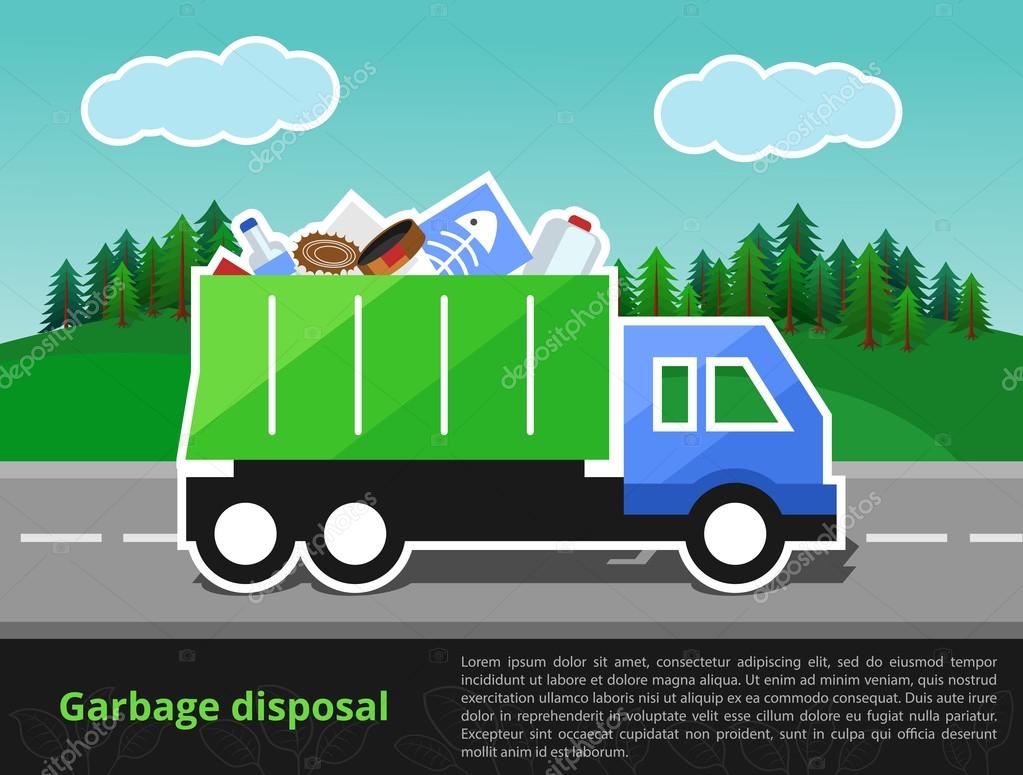 A green and blue lorry with container for trash. Sky and forest on the background.