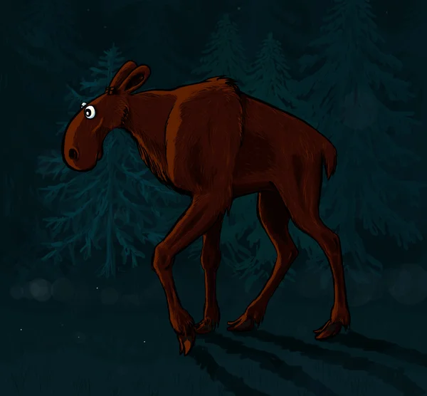 Ilustración de alce de dibujos animados. Divertido ciervo en la foto va a través del bosque . —  Fotos de Stock