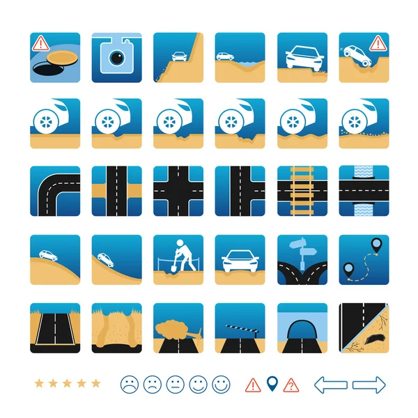 Vector set of road icon. Different dangers and troubles on the way: pit, bad asphalt, rut, crack, stones, open hatch, construction. And several types of crossroads. — Stock Vector