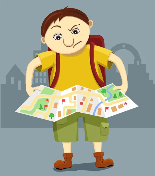 Dibujos animados divertido turista desconcertado con mochila mira el mapa y trata de encontrar el camino. Ilustración vectorial de carácter divertido sobre fondo gris . — Vector de stock