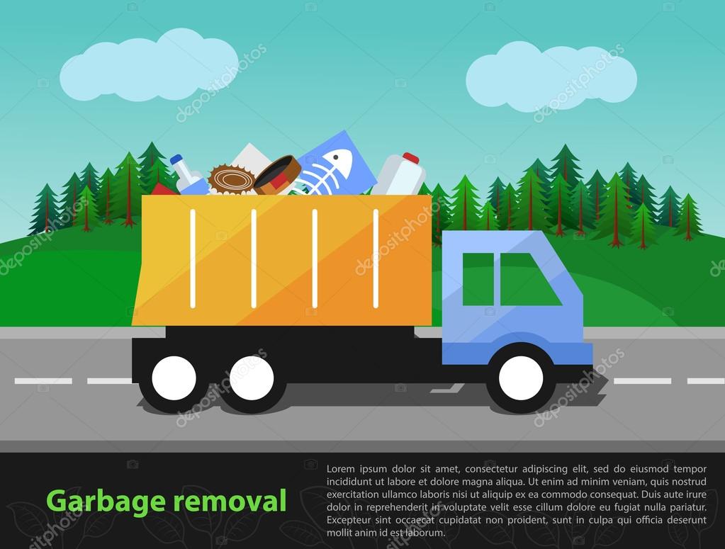 Trash removal and eco theme with the space for text entry. Background with a forest and the sky.