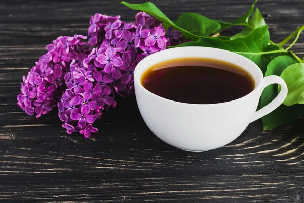 Taza de café y flores lila — Foto de Stock