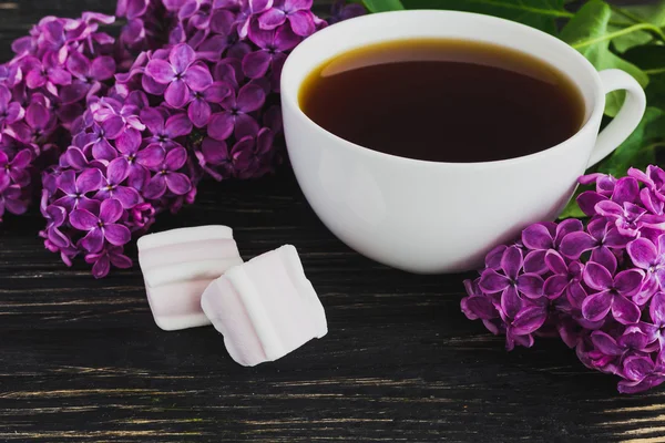 Kopje koffie, marshmallow en lila bloemen — Stockfoto