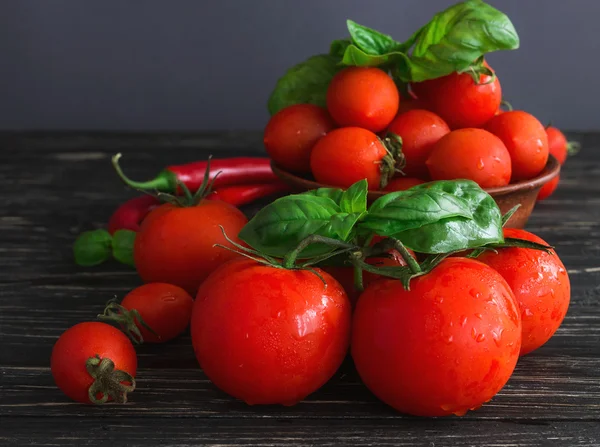 つる、赤唐辛子と緑のバジルのトマト — ストック写真