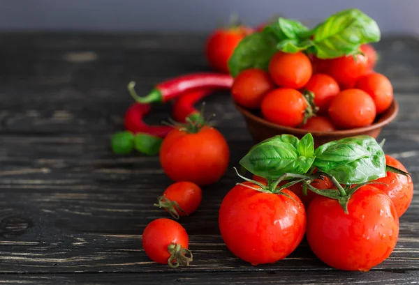 Tomaten op vine, rode peper en groene basilicum — Stockfoto